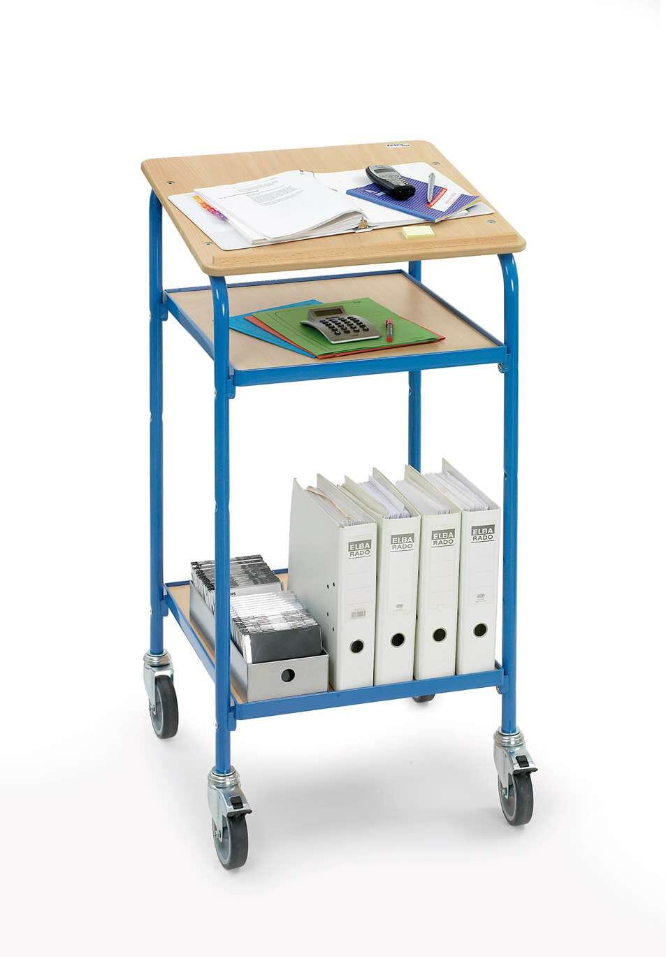 Pupitre d'atelier roulant avec 2 plateaux et 1 écritoire