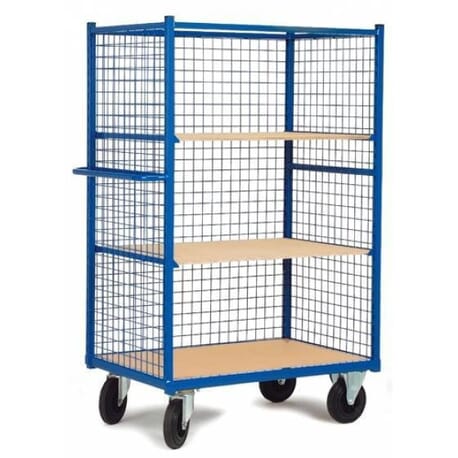 Chariot haut à 3 côtés grillagés avec 2 étagères amovibles Chariot haut à 3 côtés grillagés avec 2 étagères amovibles