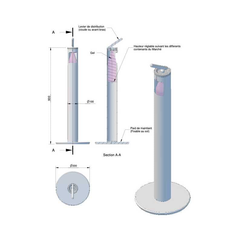 Distributeur de gel hydroalcoolique, commande au coude, fabrication française