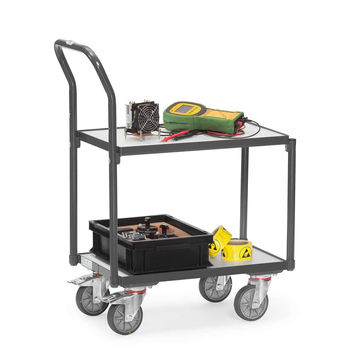 Rouleur de bac ESD à 2 plateaux avec rebord et dossier de poussée