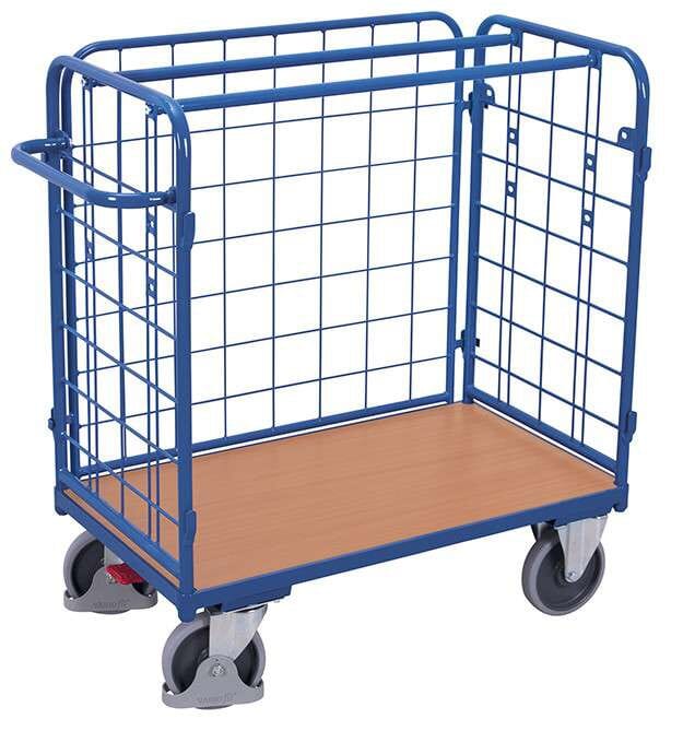 Chariot grillagé bas pour colis avec 3 parois