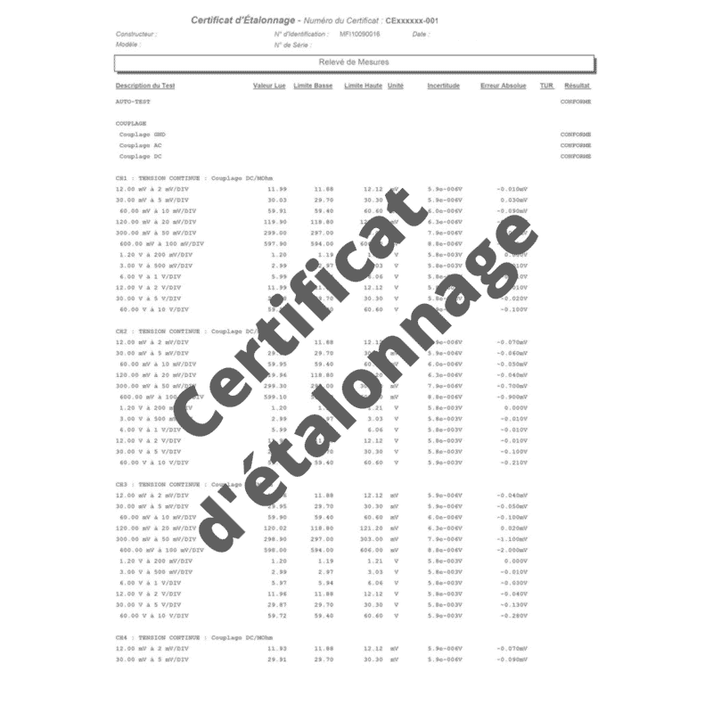 Certificats d'étalonnage
