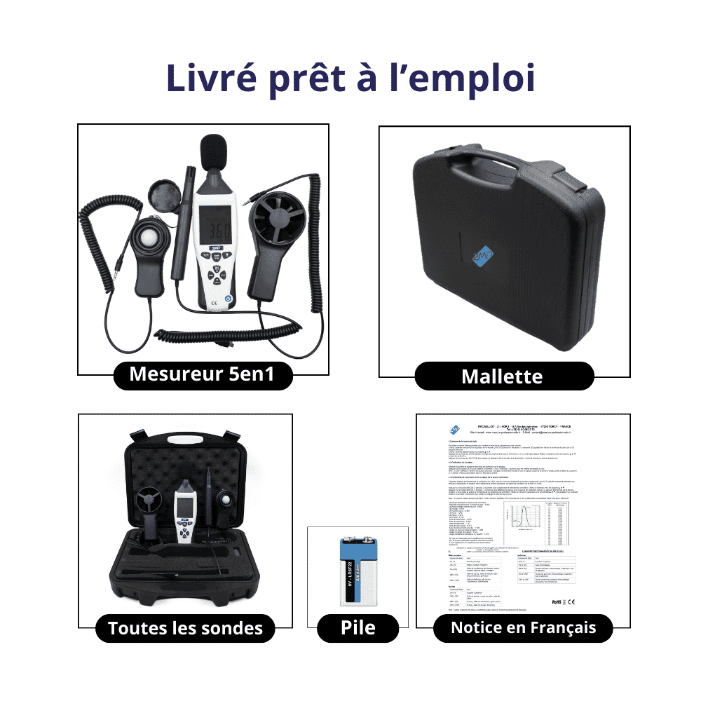 Mesureur 5en1, son, lumière, humidité, température et anémométrie