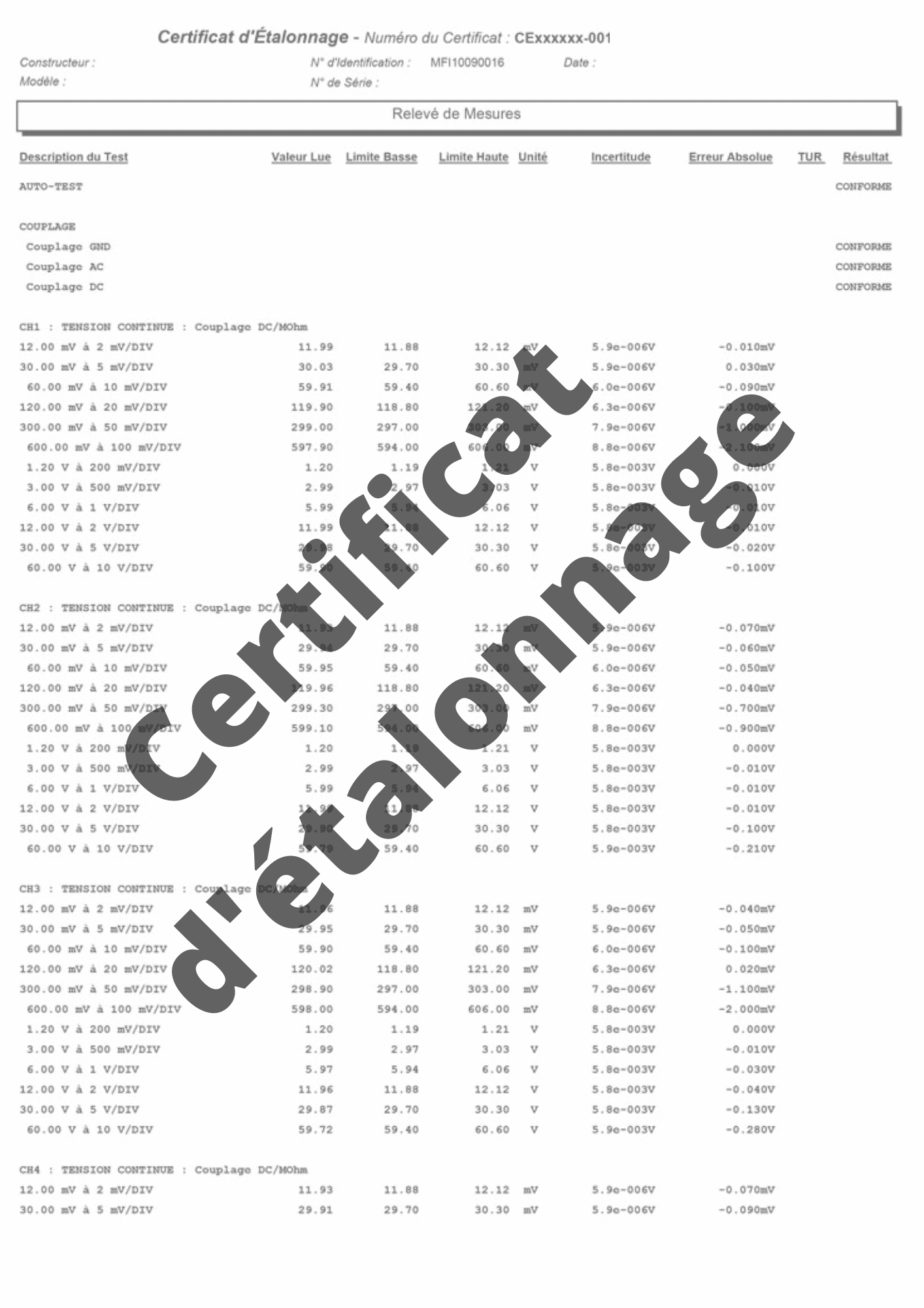 Certificat d'étalonnage Luxmètre - 10 points